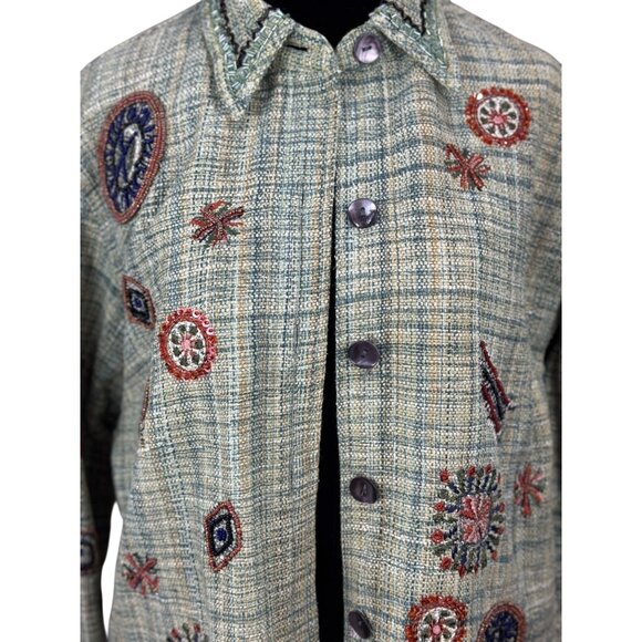 CHICO'S Womens Size 1 Green Multicolored Bohemian Embroidery Short Green Jacket - Picture 3 of 16